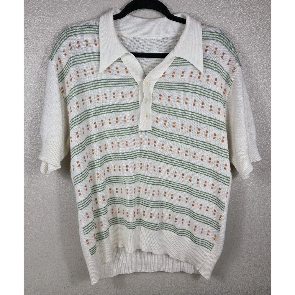 Vintage 1970s Knit Polo Sweater Shirt White Green Orange Striped Short Sleeve...
